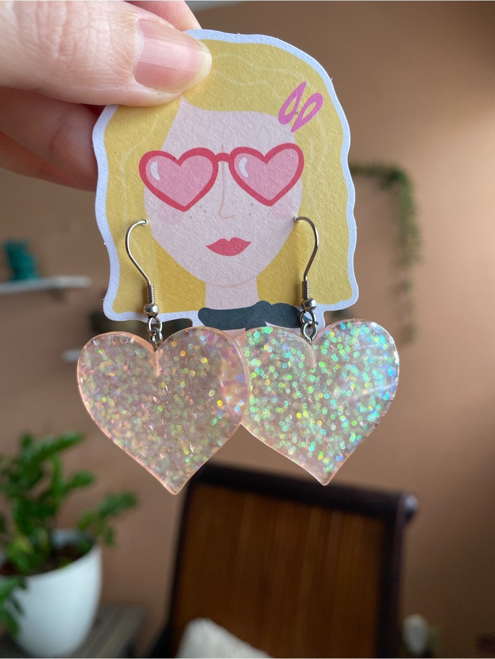Holographic Pink Heart Dangle Earrings